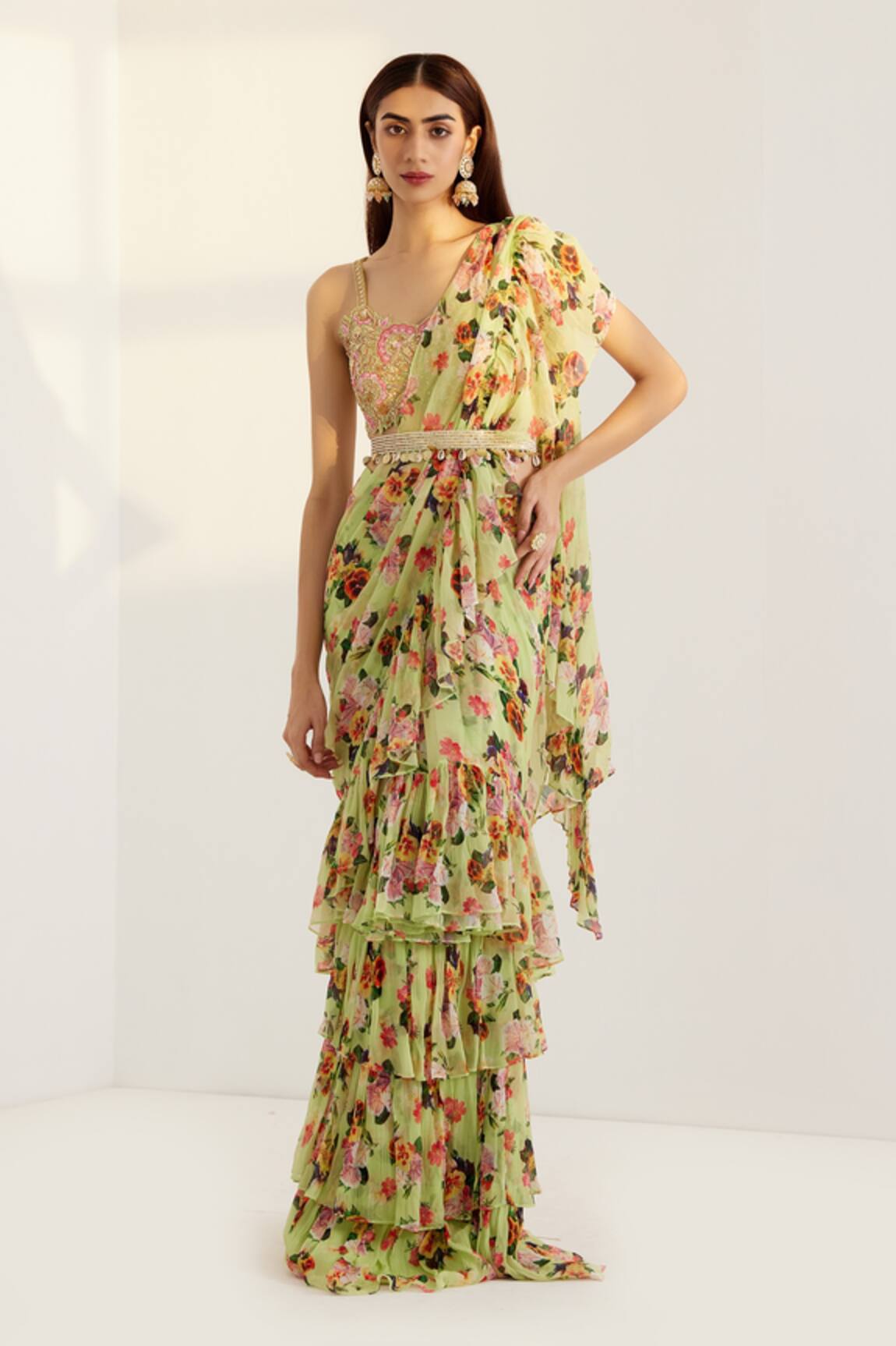 Prints by Radhika Floral Print Pre-Draped Saree With Blouse