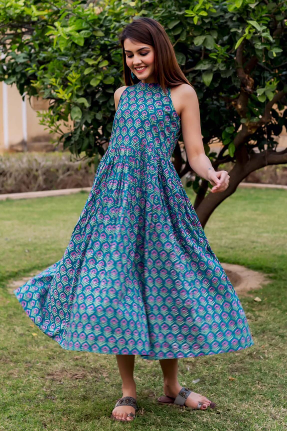 Indigo Classic - Hand Block Printed Long Cotton Dress - D372F1341 –  InduBindu