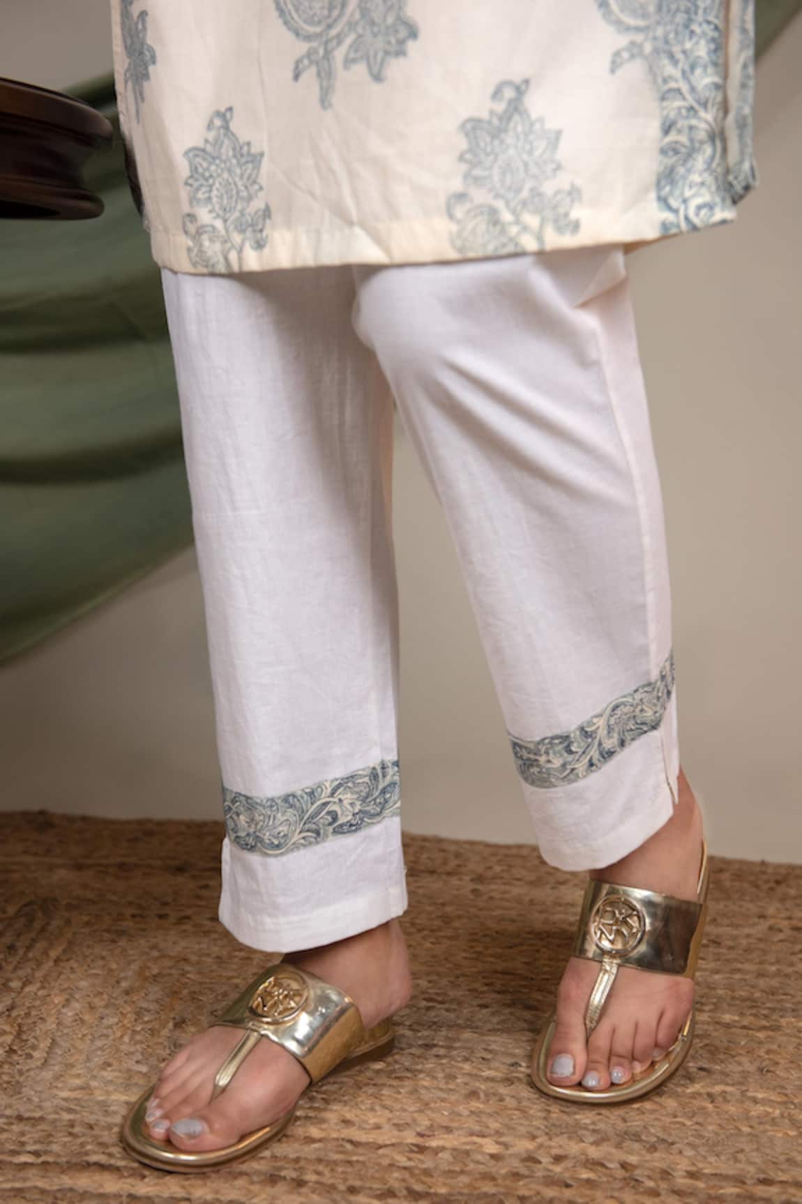 Soft green silk straight pants woth gold gota and zari embroidery Pan   Kora India