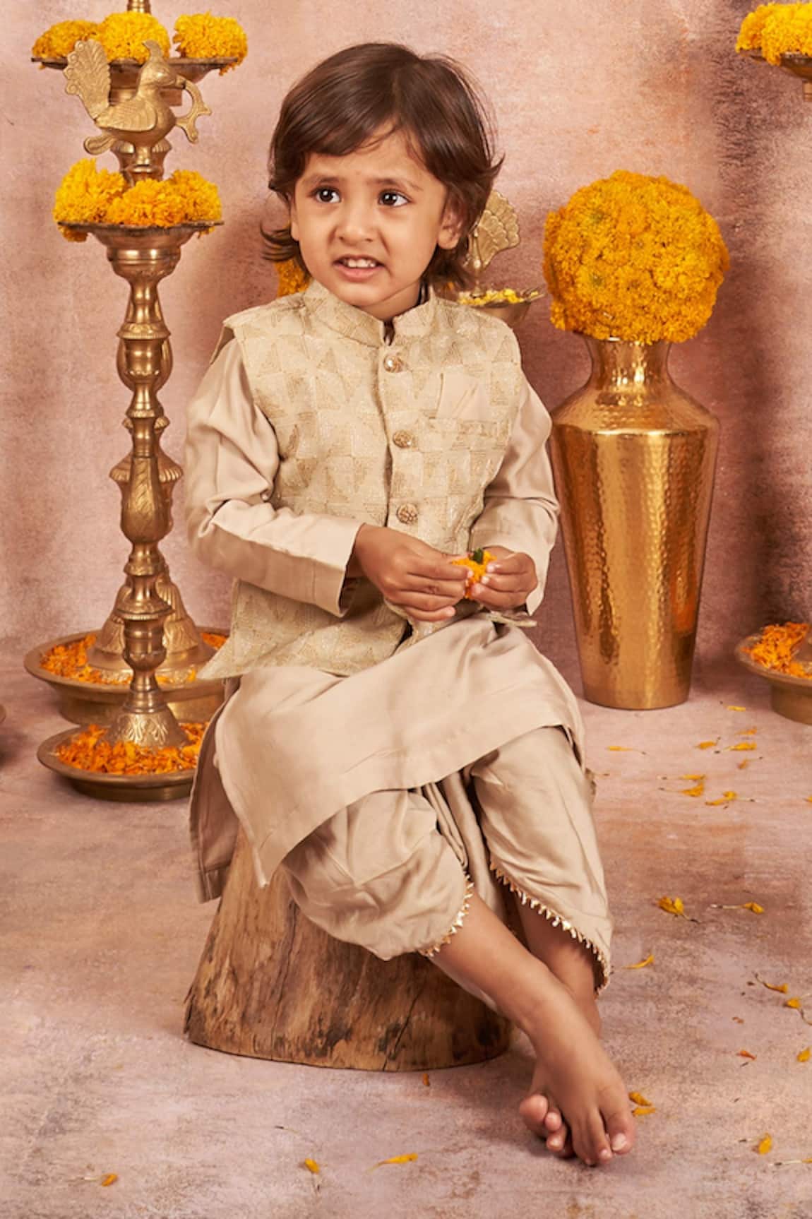 All Boy Couture Zari Embroidered Beige Bundi Dhoti Pant Set