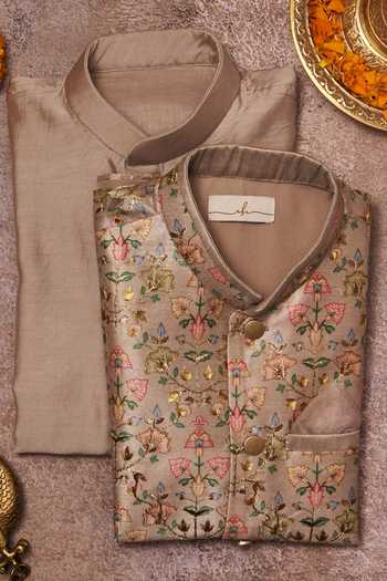 All Boy Couture Floral Print Bundi Kurta Set 