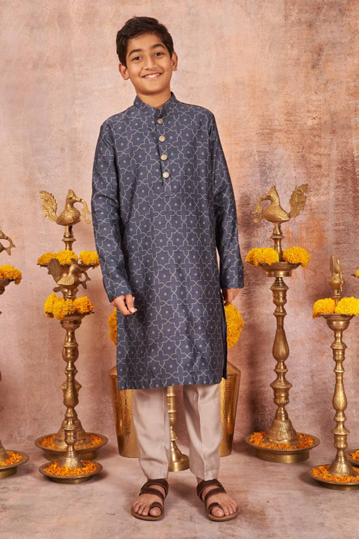 All Boy Couture Navy Blue Geometric Print Kurta Set 