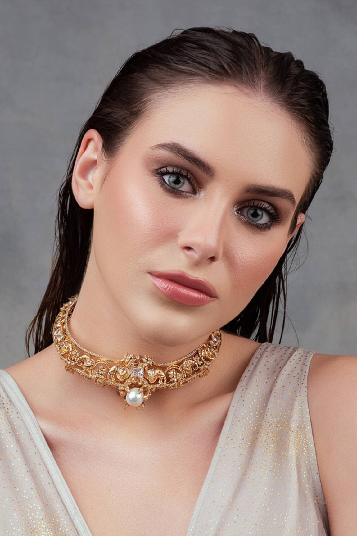 Opalina Soulful Jewellery Elephant Motif Choker with Pearls & Crystals 