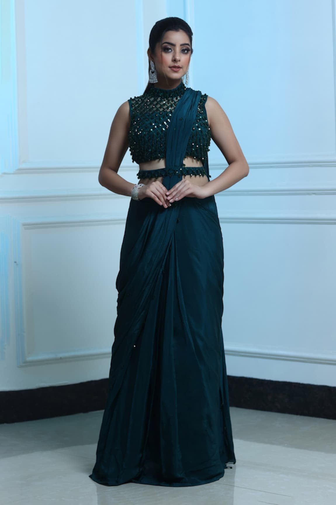 Sangeeta Swati Pre-Draped Saree With Embroidered Blouse