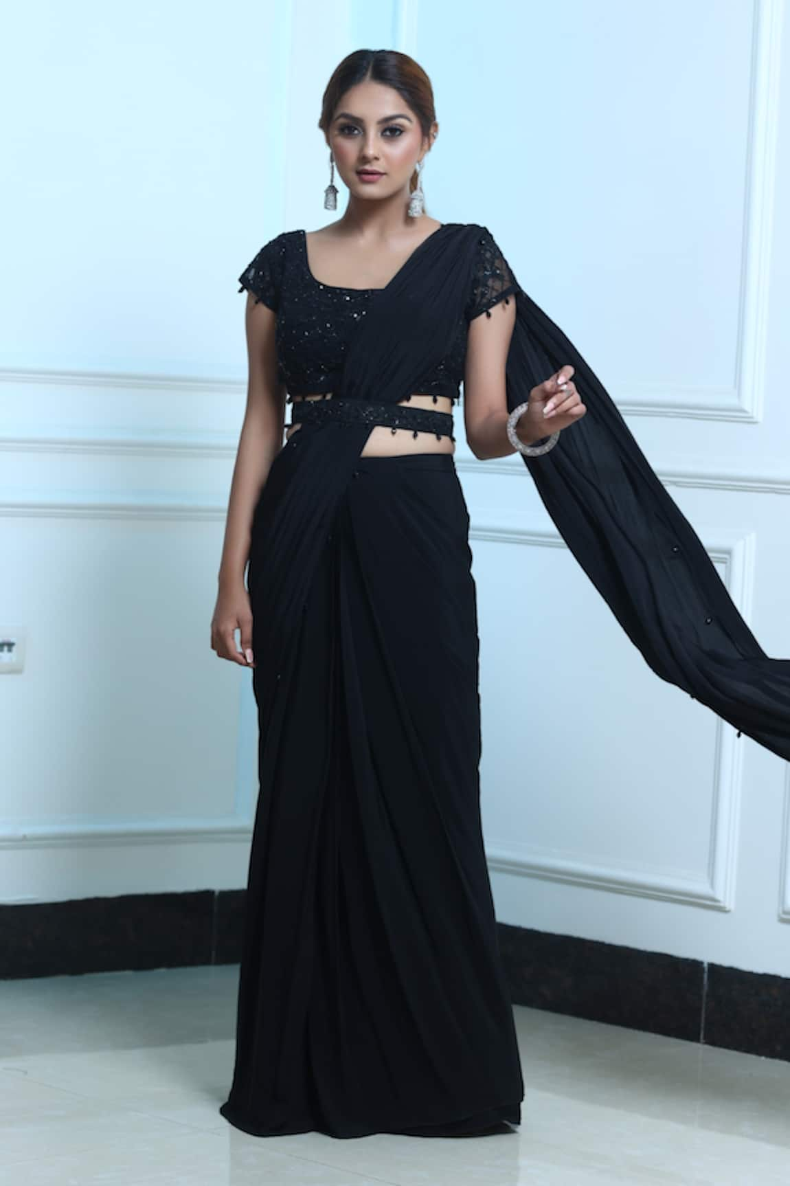 Sangeeta Swati Pre-Draped Saree With Embroidered Blouse