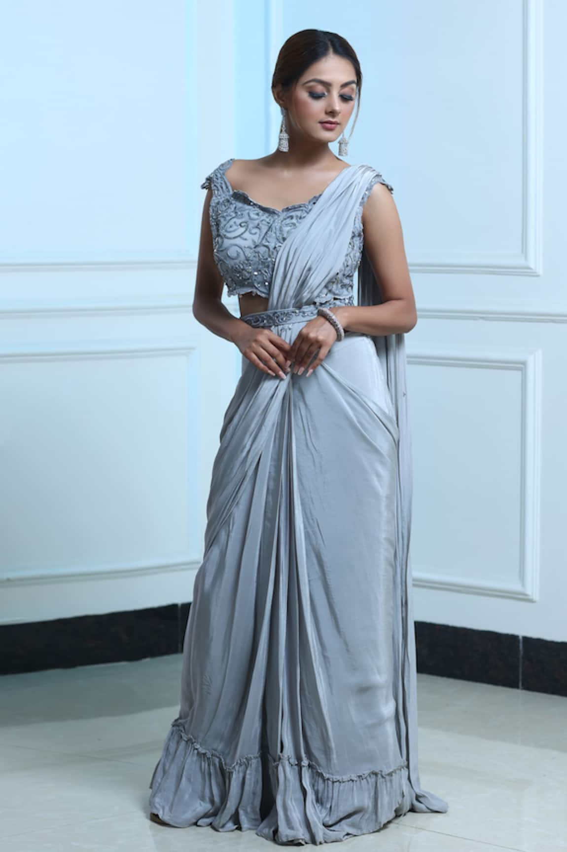 Sangeeta Swati Pre-Draped Saree With Embroidered Blouse