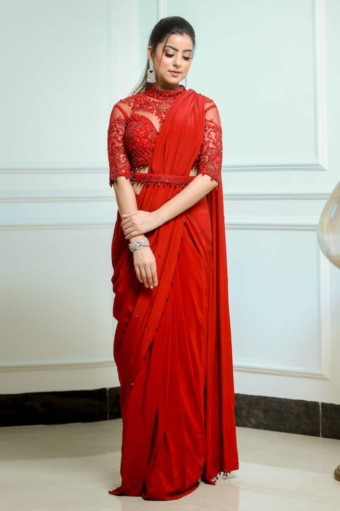 Sangeeta Swati Pre-Draped Saree With Embroidered Blouse