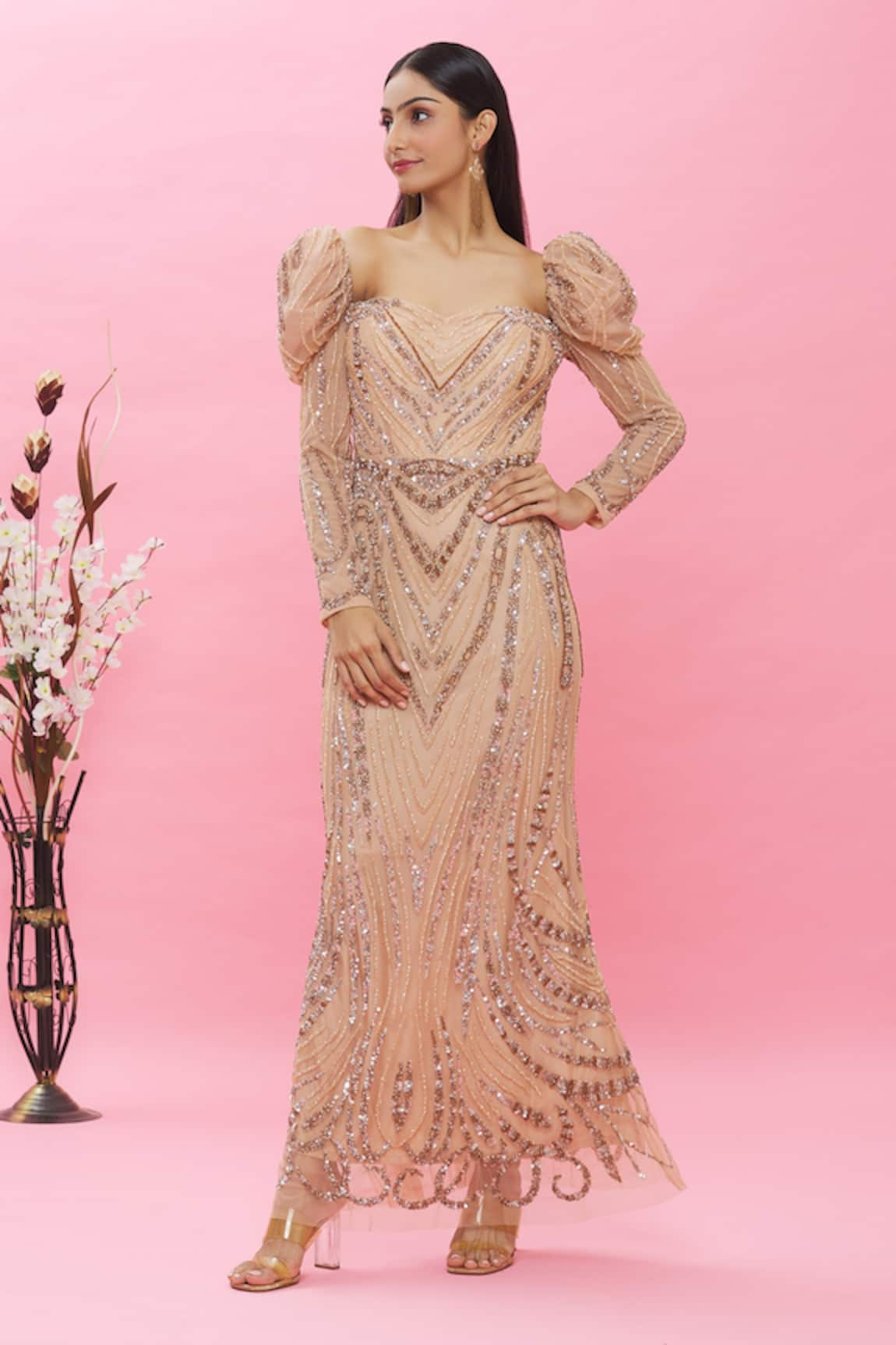 Ambrosia Embellished Puffed Sleeve Gown