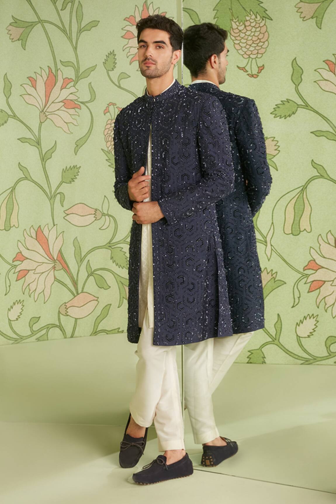 Sanjev Marwaaha Geometric Embroidered Long Jacket Kurta Set 