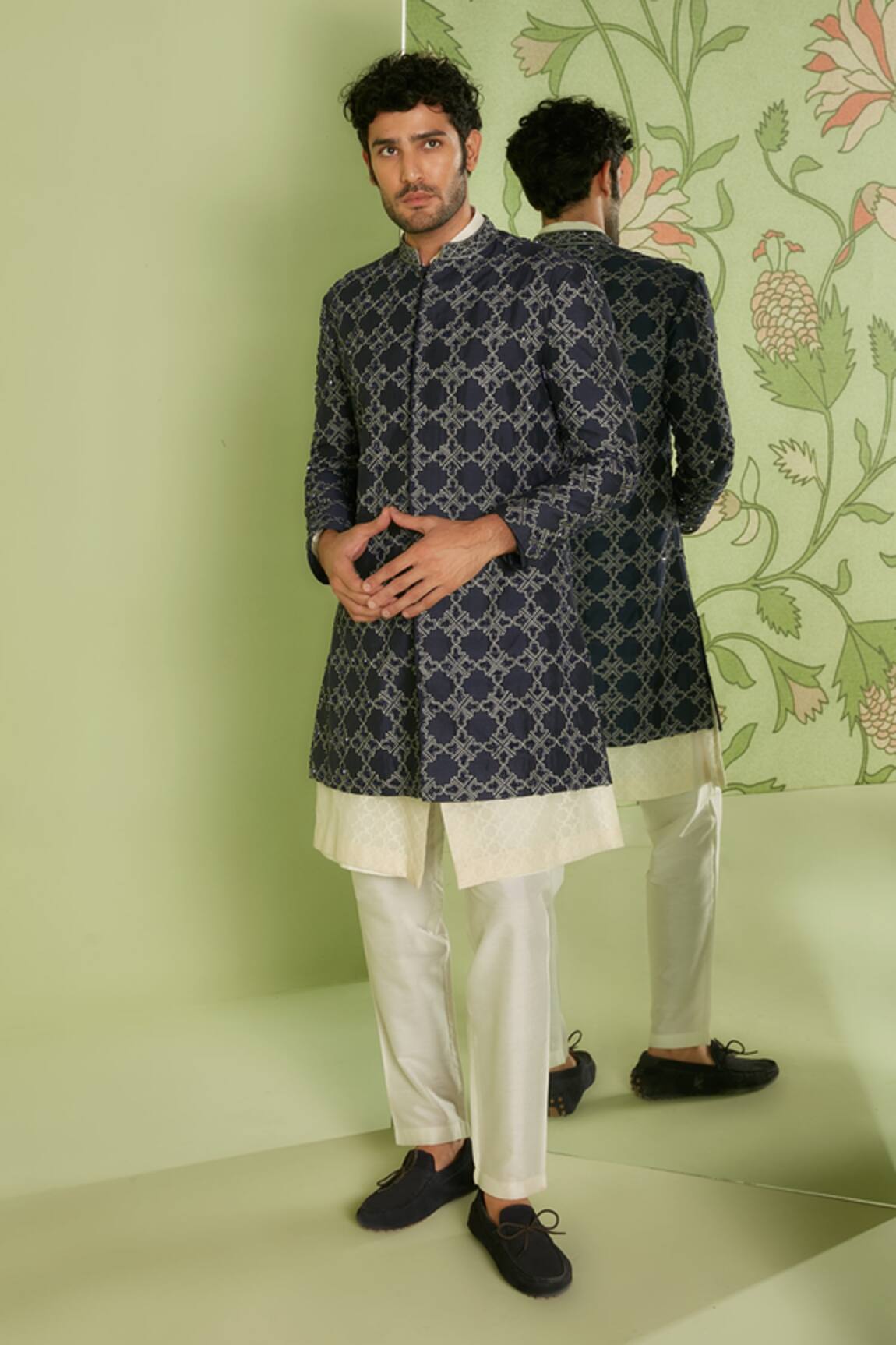 Sanjev Marwaaha Geometric Embroidered Sherwani Set 