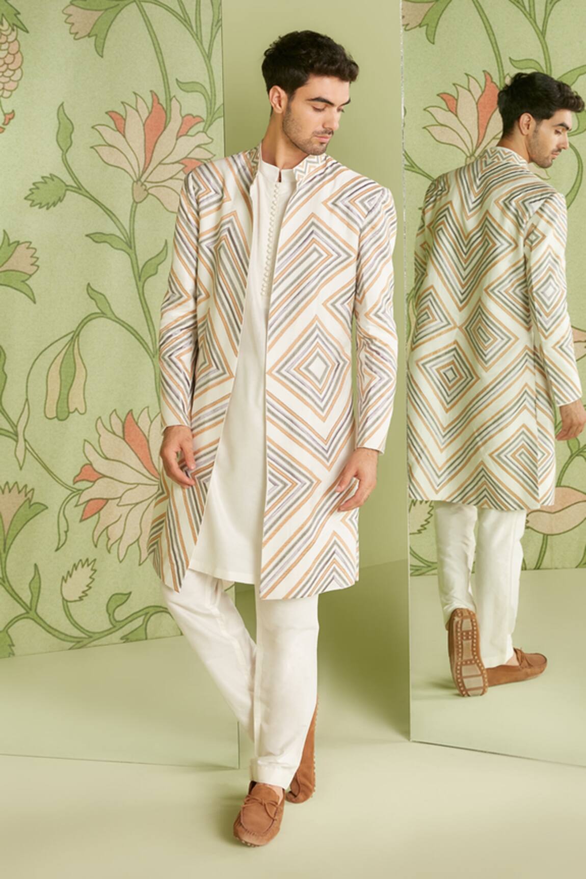 Sanjev Marwaaha Geometric Embroidered Long Jacket Kurta Set 