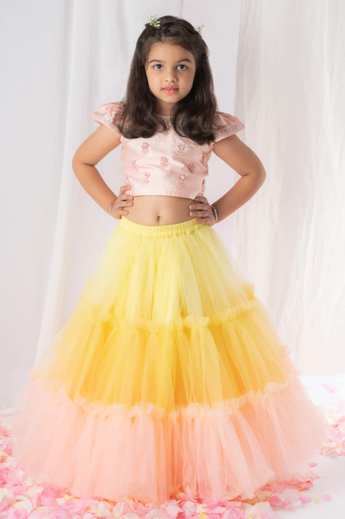 Lil Angels Floral Embroidered Blouse & Lehenga Set 
