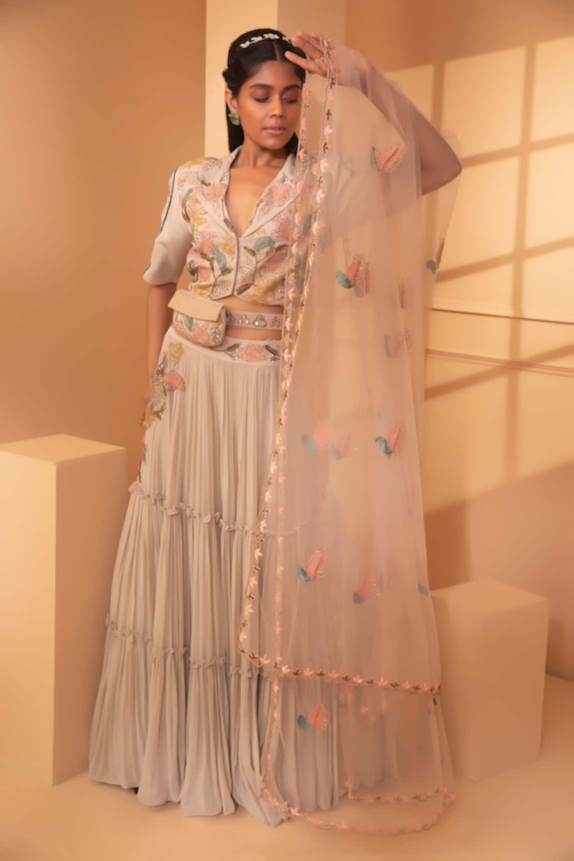 Miku Kumar Tiered Skirt Set With Embroidered Jacket