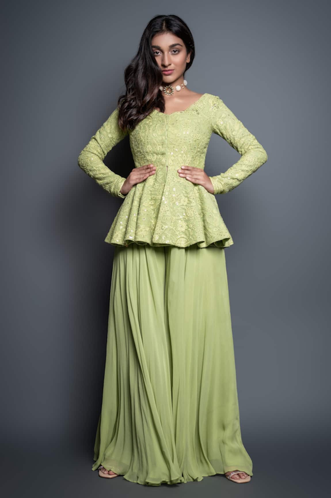 Shahmeen Husain Embroidered Peplum Tunic & Palazzo Set