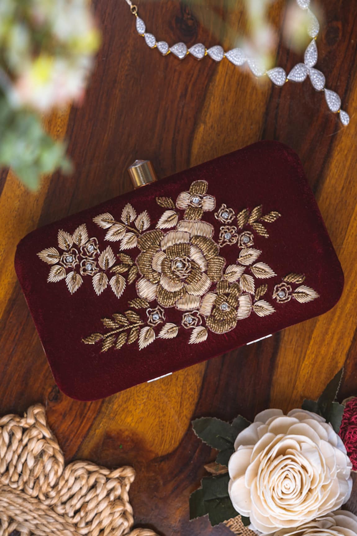 NR BY NIDHI RATHI Foilage Velvet Embroidered Clutch