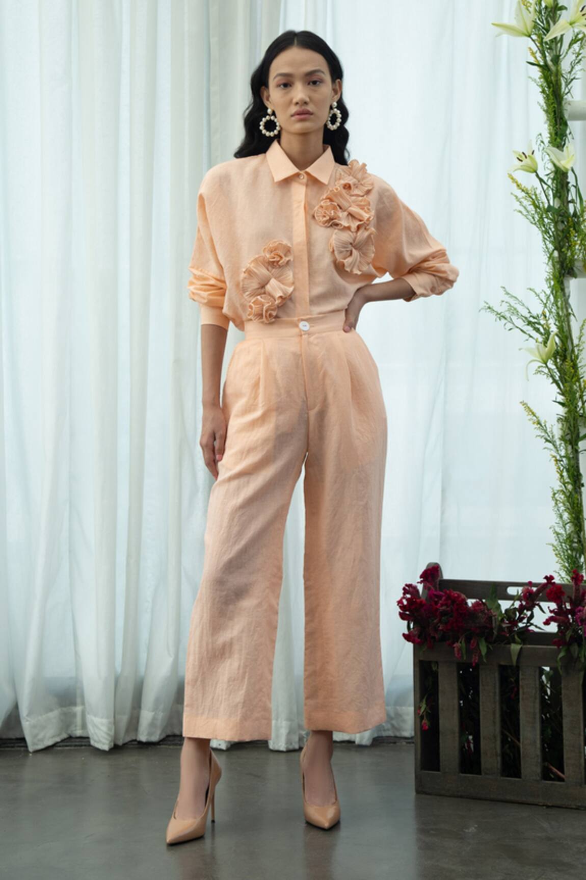 Pleats By Aruni Linen Floral Embellished Shirt