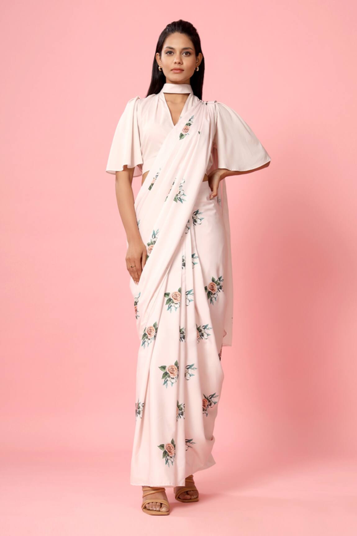 Pasha India Floral Print Pre-Draped Saree With Blouse 
