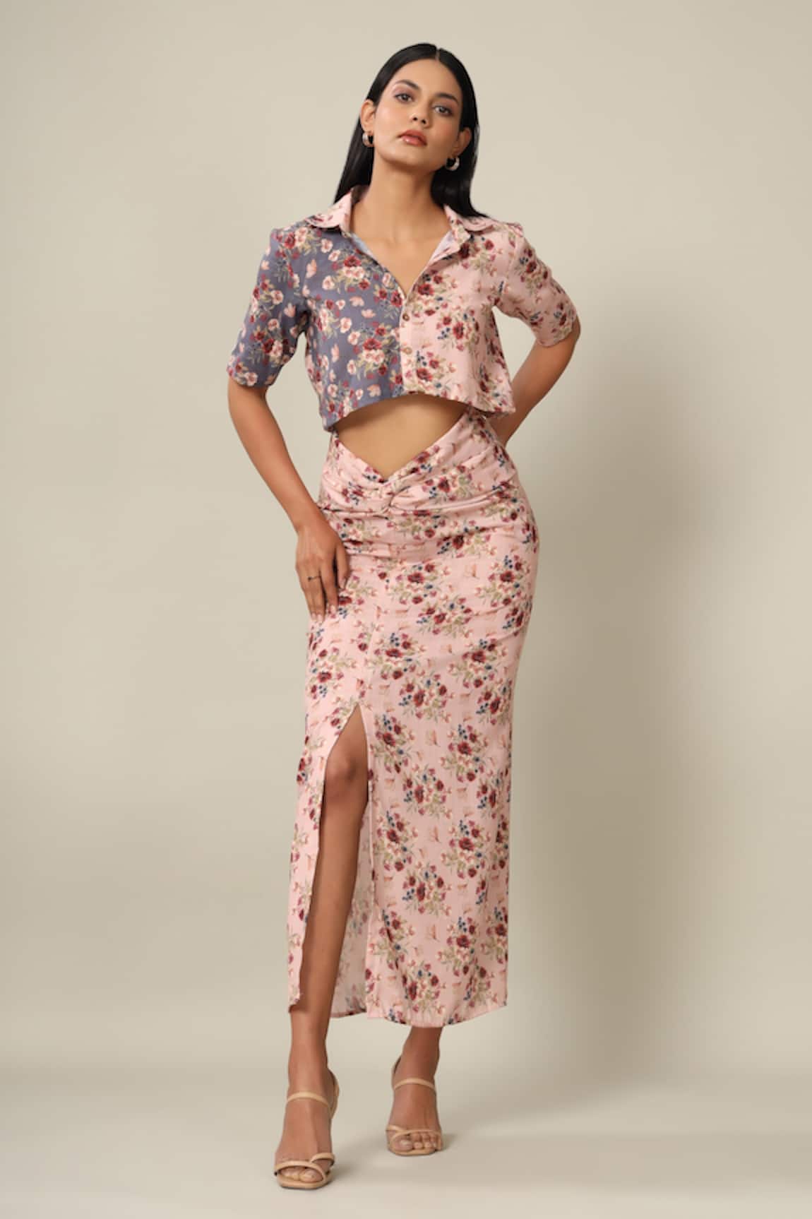 Pasha India Floral Print Cropped Shirt & Skirt Set 