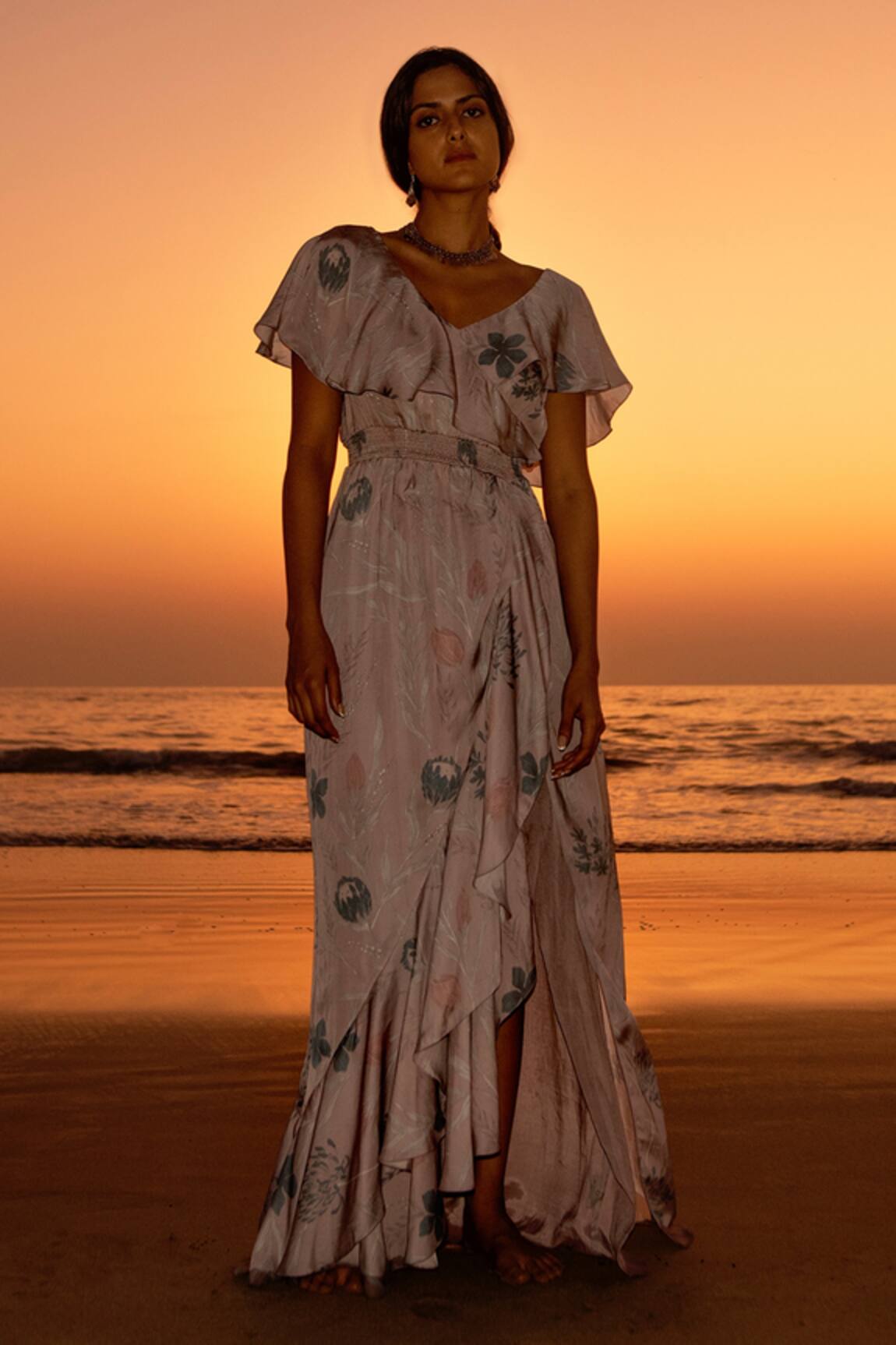 Vivek Patel Floral Print Ruffle Dress