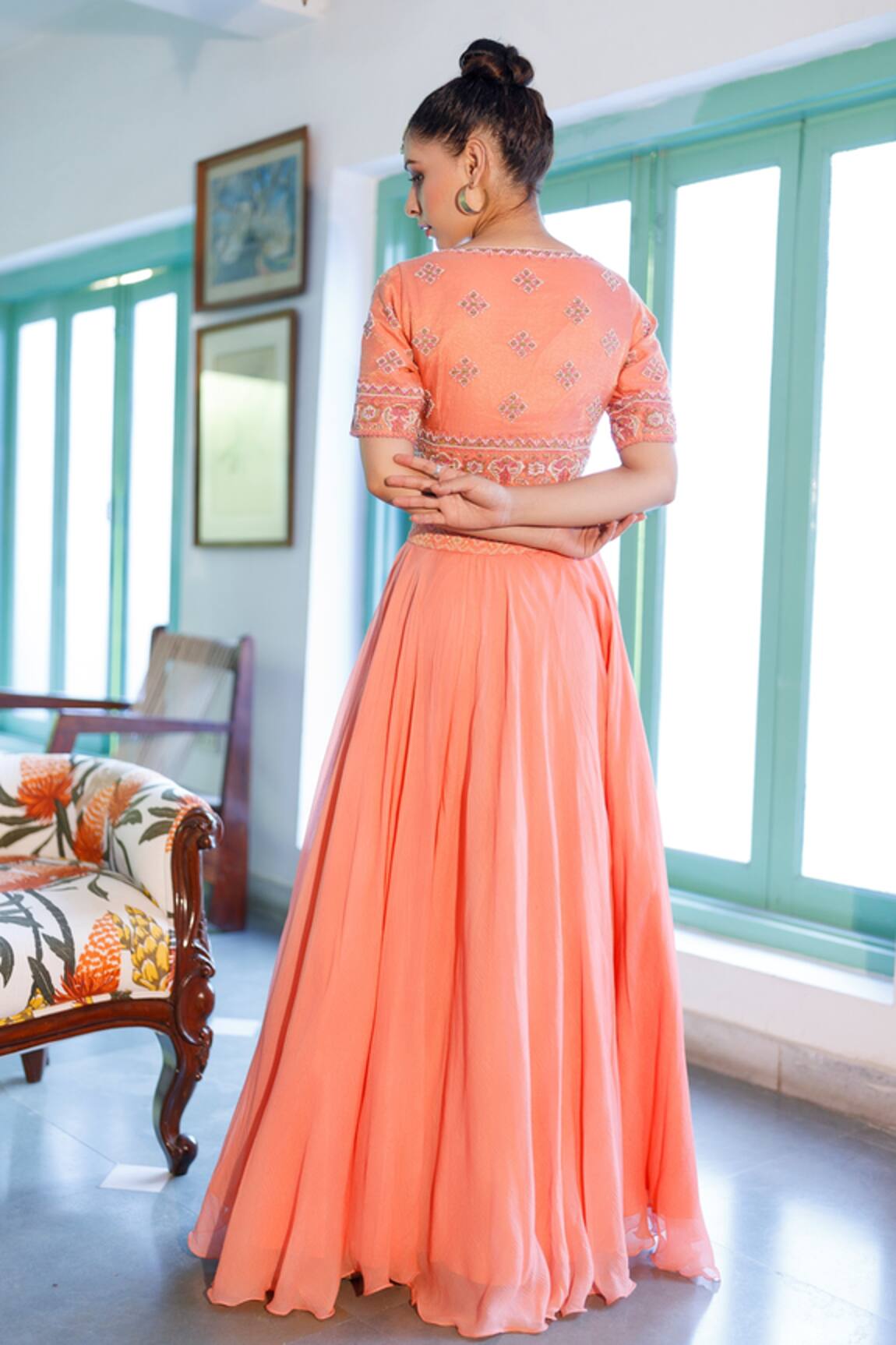 Neeta Bhargava - Peach Tissue Embroidery Geometric V Neck Skirt With Blouse  Set For Women