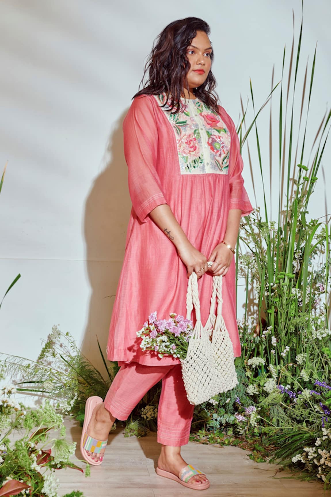 Half Full Curve Tropical Garden Chanderi Kurta & Pant Set