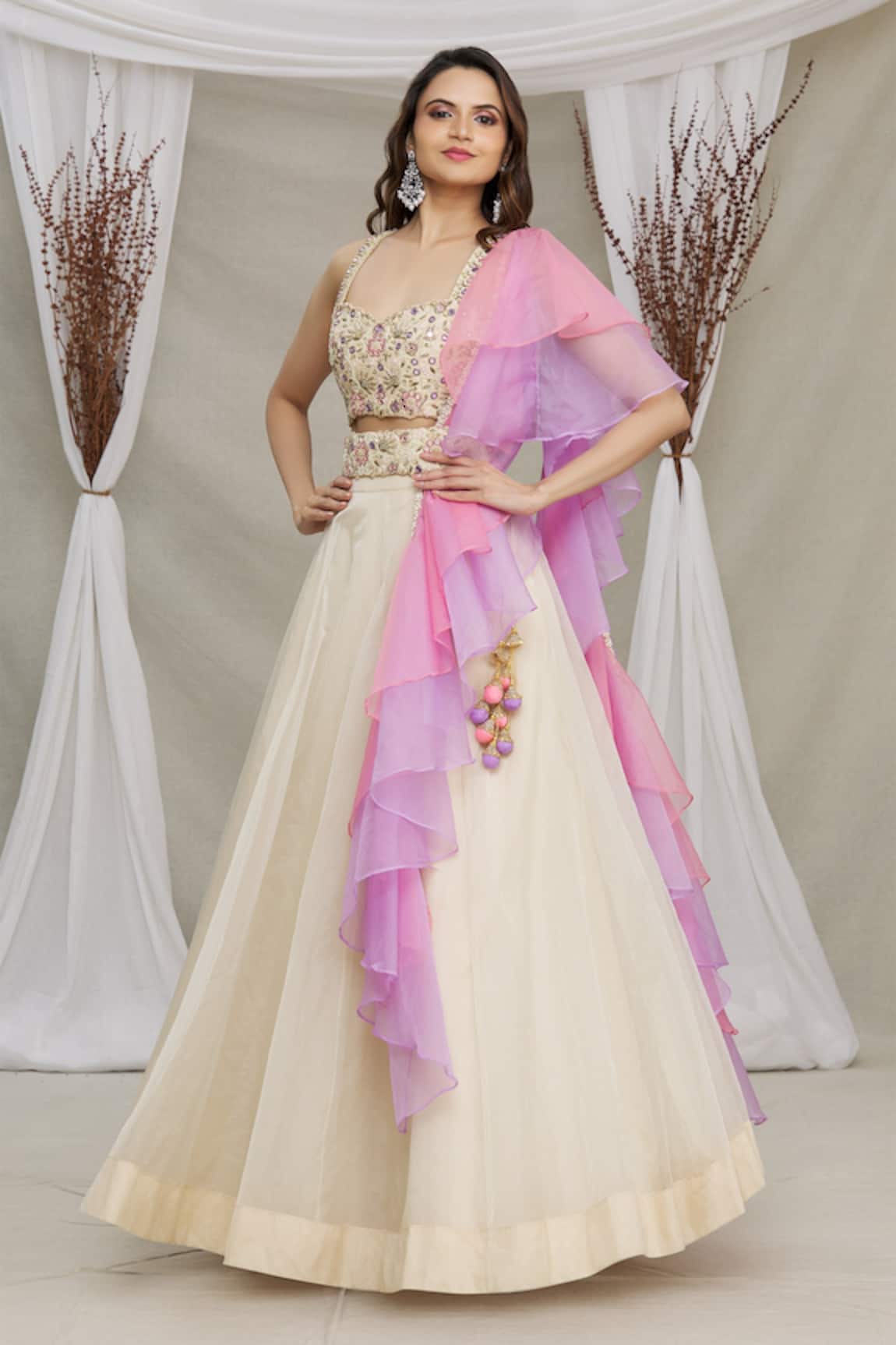 Priti Sahni Organza Skirt & Embroidered Bustier Set 