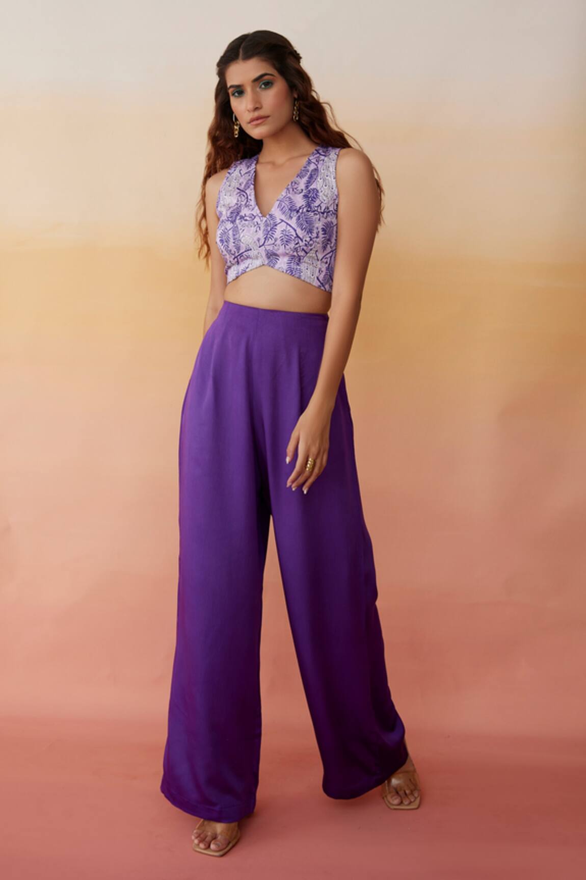 Aapro - Purple Modal Block V Neck Savannah Crop Top And Pant Set For Women