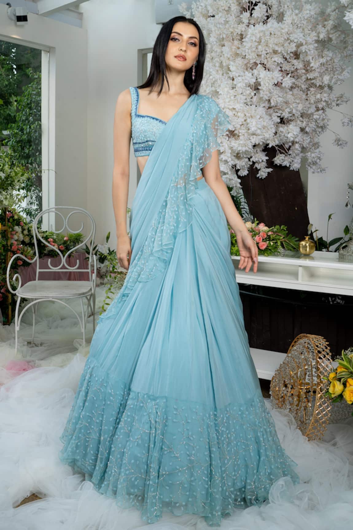 Varun Chakkilam Pre-Draped Ruffle Saree With Blouse 