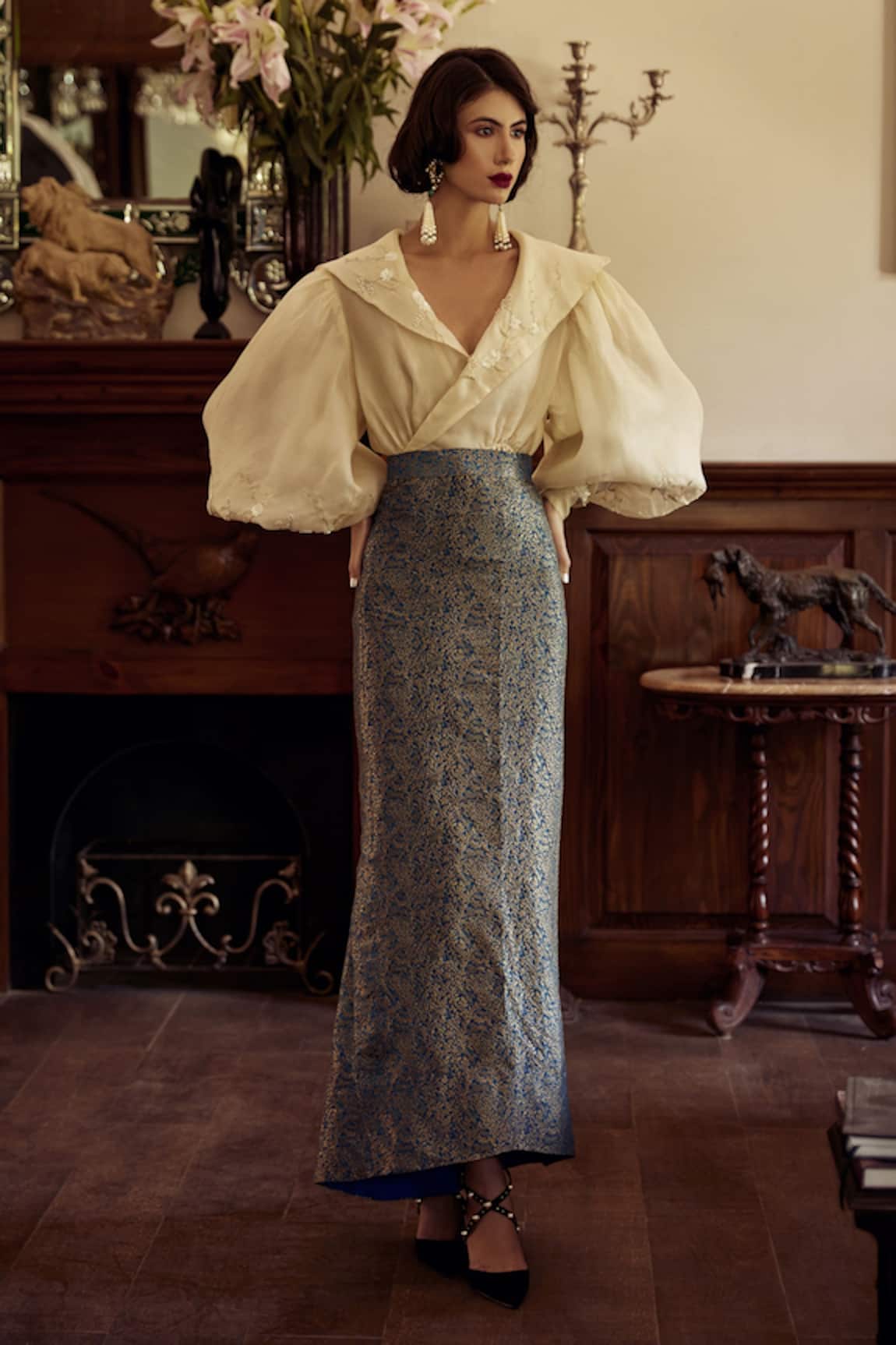 Atelier Shikaarbagh Draped Puffed Sleeve Blouse 