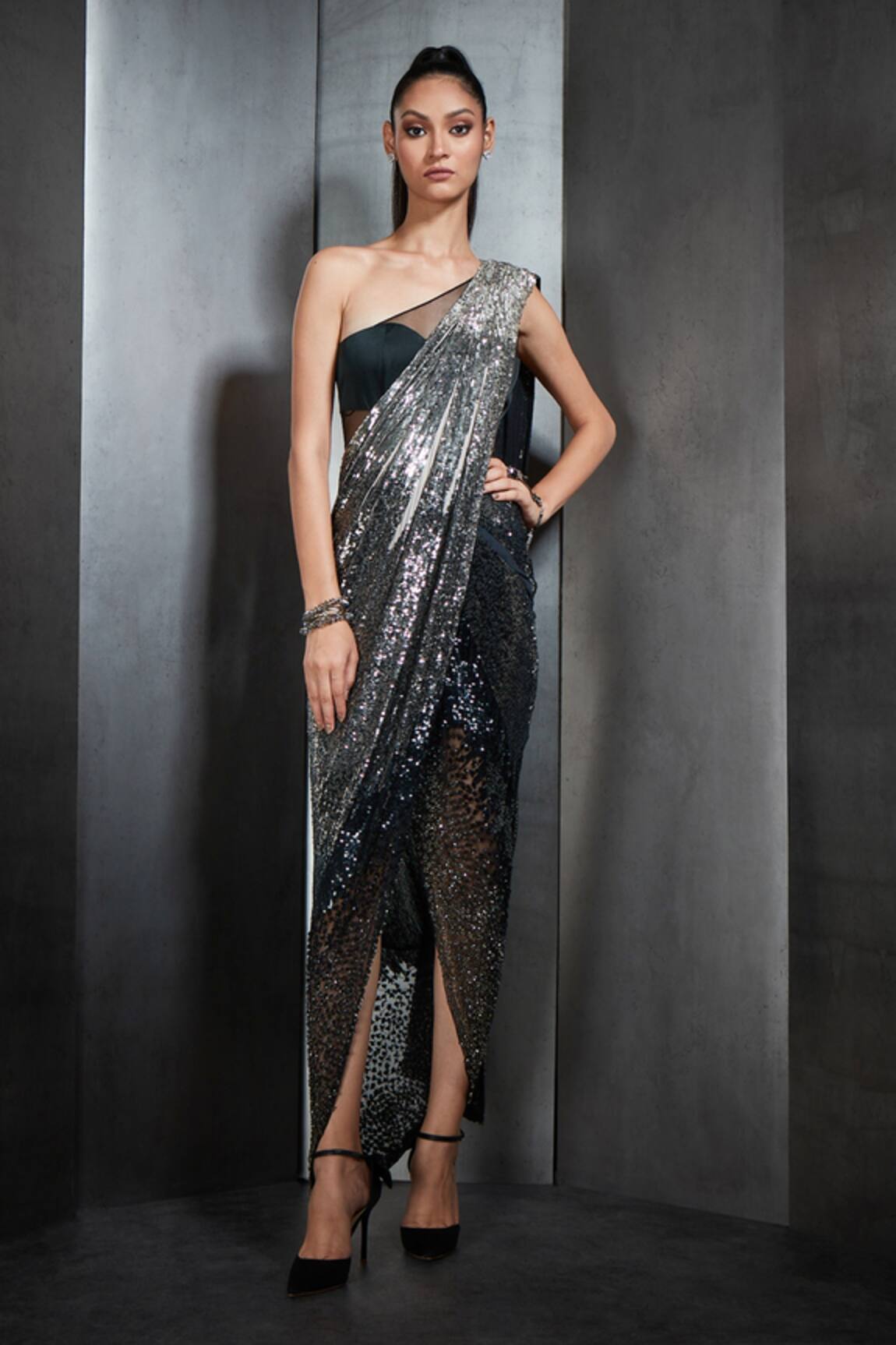 Rohit Gandhi + Rahul Khanna Sequin Embroidered Saree Gown