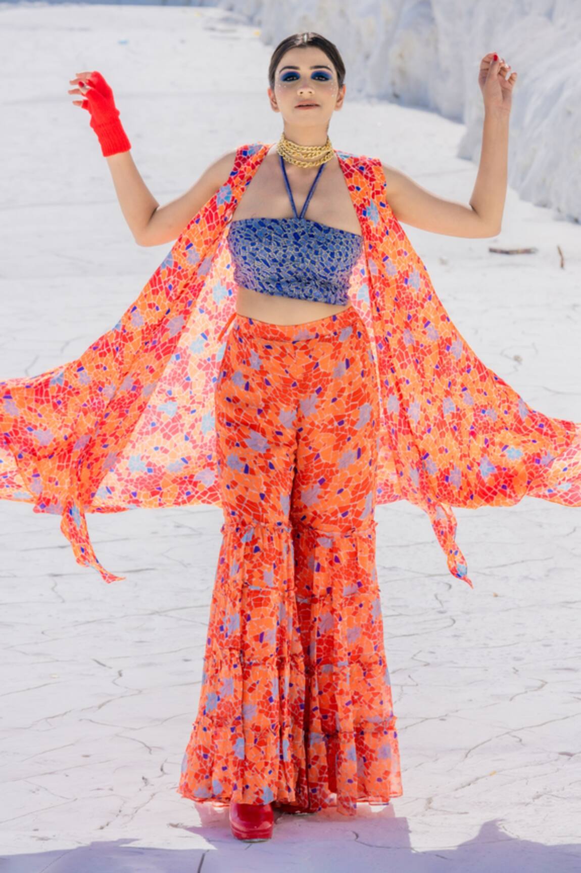 Etasha By Asha Jain Satin Printed Cape & Tiered Pant Set 