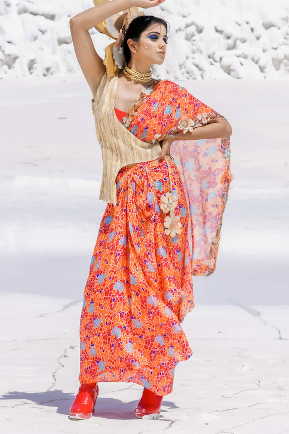 Etasha by Asha Jain Printed Pre-Draped Skirt Saree With Bralette