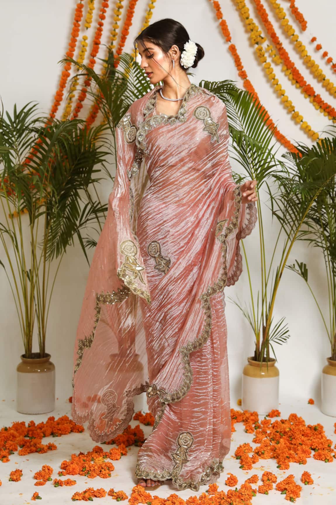 Ruar India Gulab Silk Tissue Embroidered Saree Set
