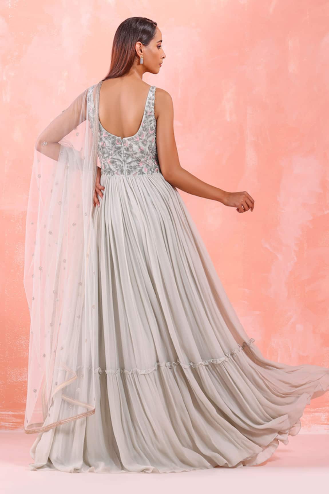 Buy Silver Net Embroidered Sequin Plunge V-neck Sandra Crystal Trail Gown  For Women by Roqa Online at Aza Fashions.