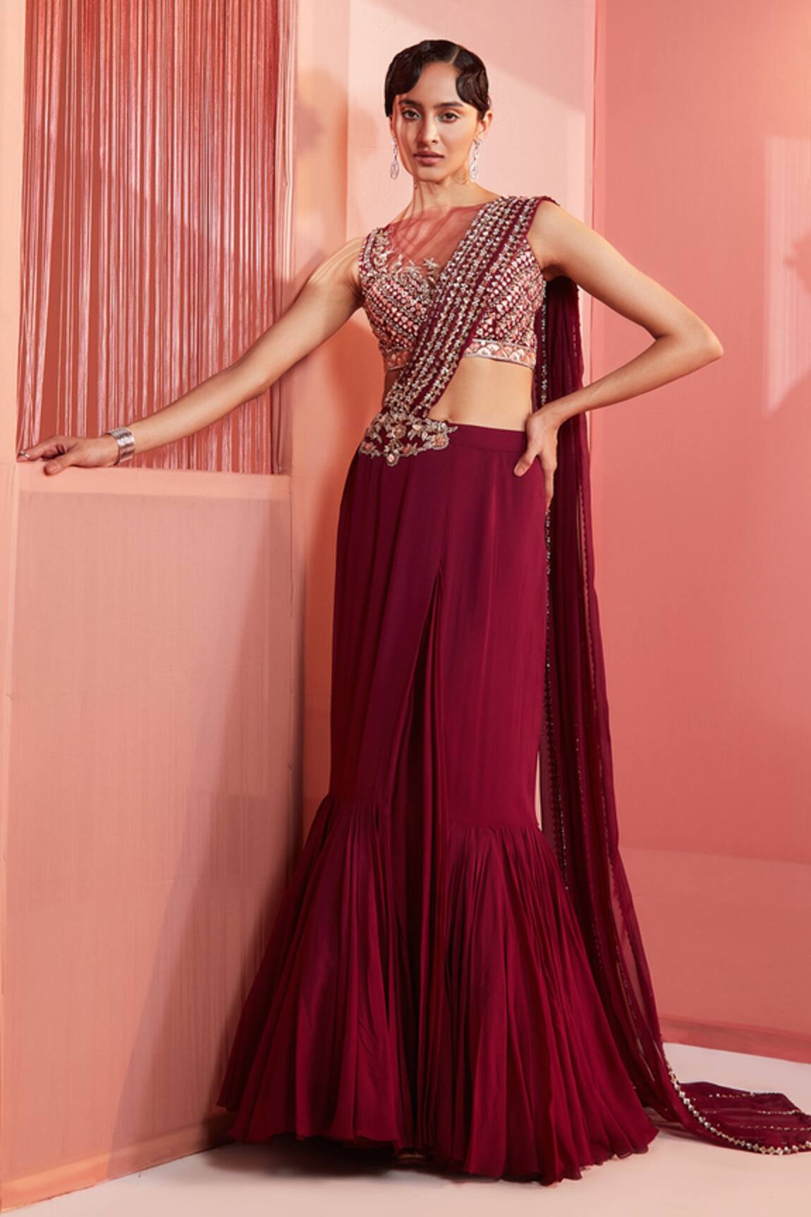 Label Sanya Gulati Pre-Stitched Saree With Embroidered Blouse