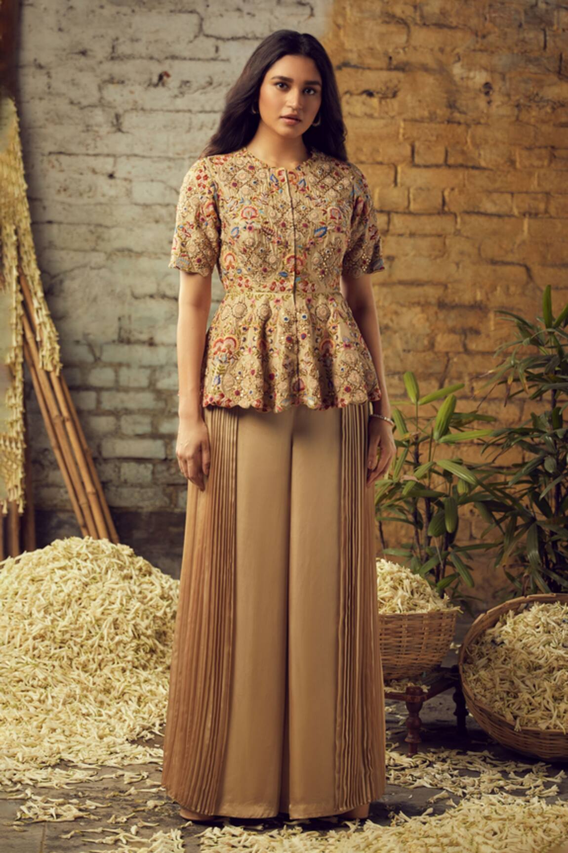 Nehha Nhata Silk Peplum Top & Palazzo Set