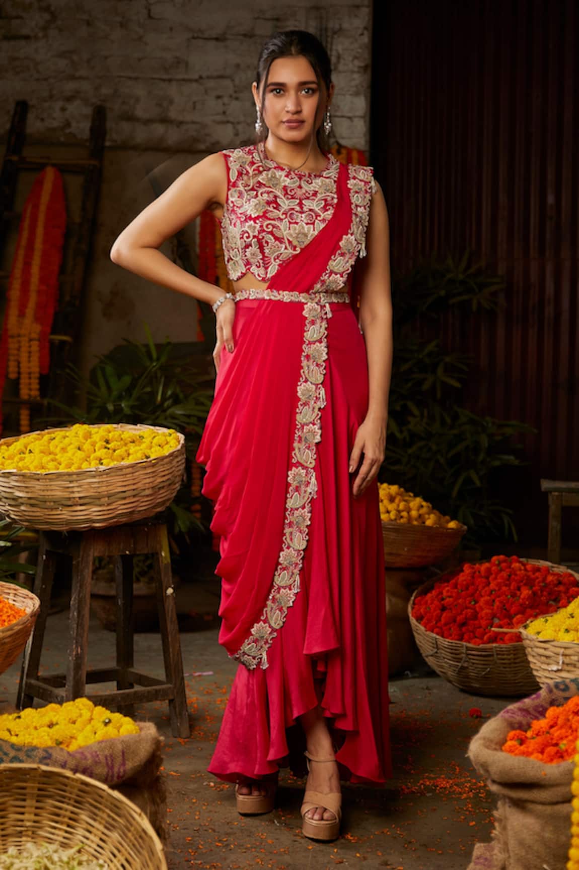 Nehha Nhata Pre-Draped Saree With Embroidered Blouse 