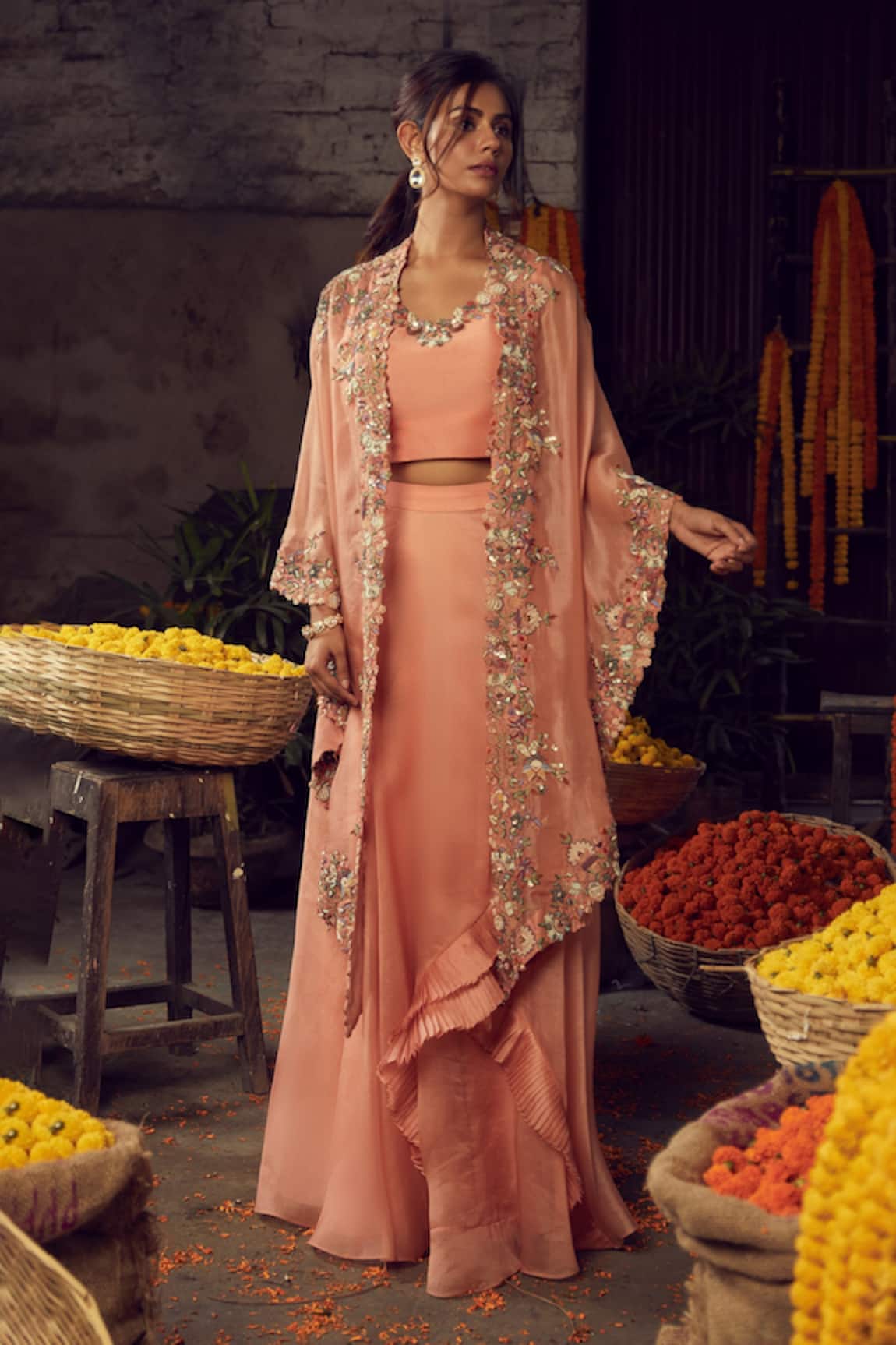 Nehha Nhata Floral Embroidered Cape Lehenga Set