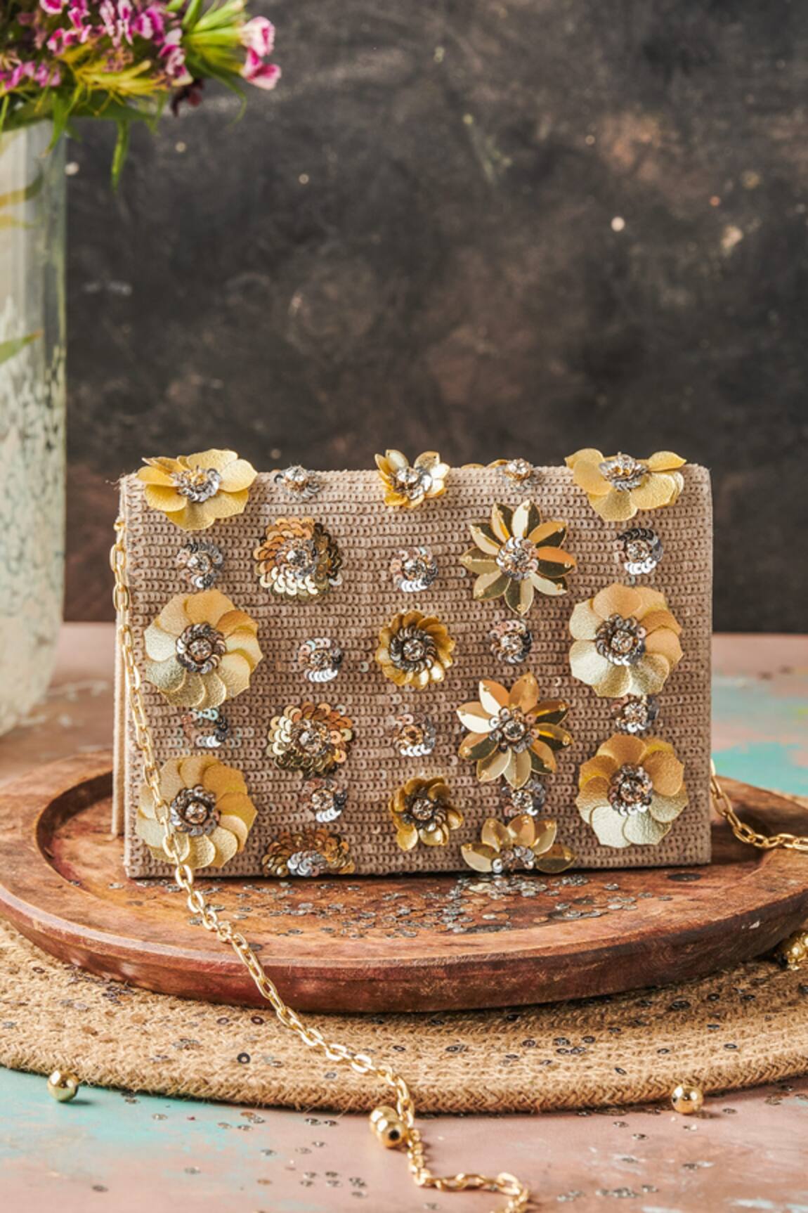 The Purple Sack Taabir Floral Embellished Clutch With Sling