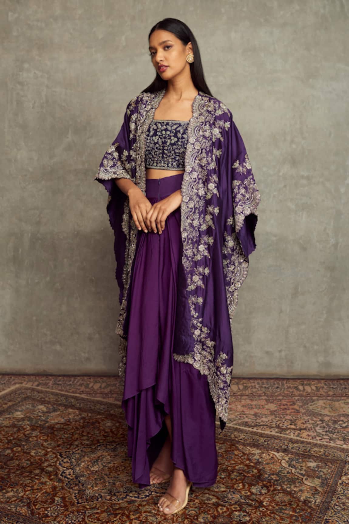 JAYANTI REDDY Embroidered Cape & Cowl Skirt Set 