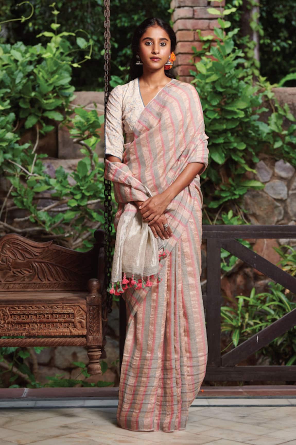 Dressfolk Rekhta Handloom Linen Striped Saree