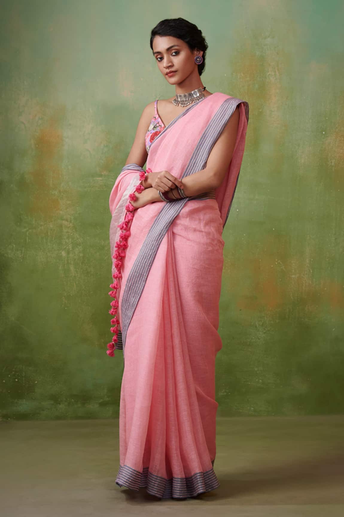 Dressfolk Aneesa Handloom Linen Striped Saree