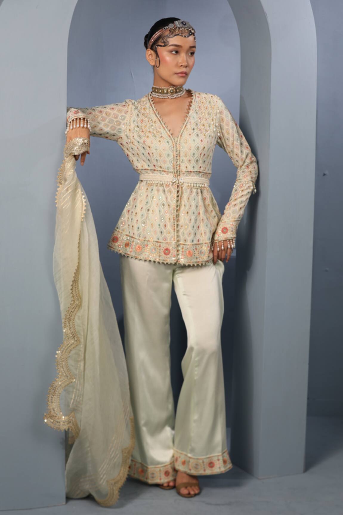 Aditi Gupta Embroidered Peplum Jacket Set With Trousers 