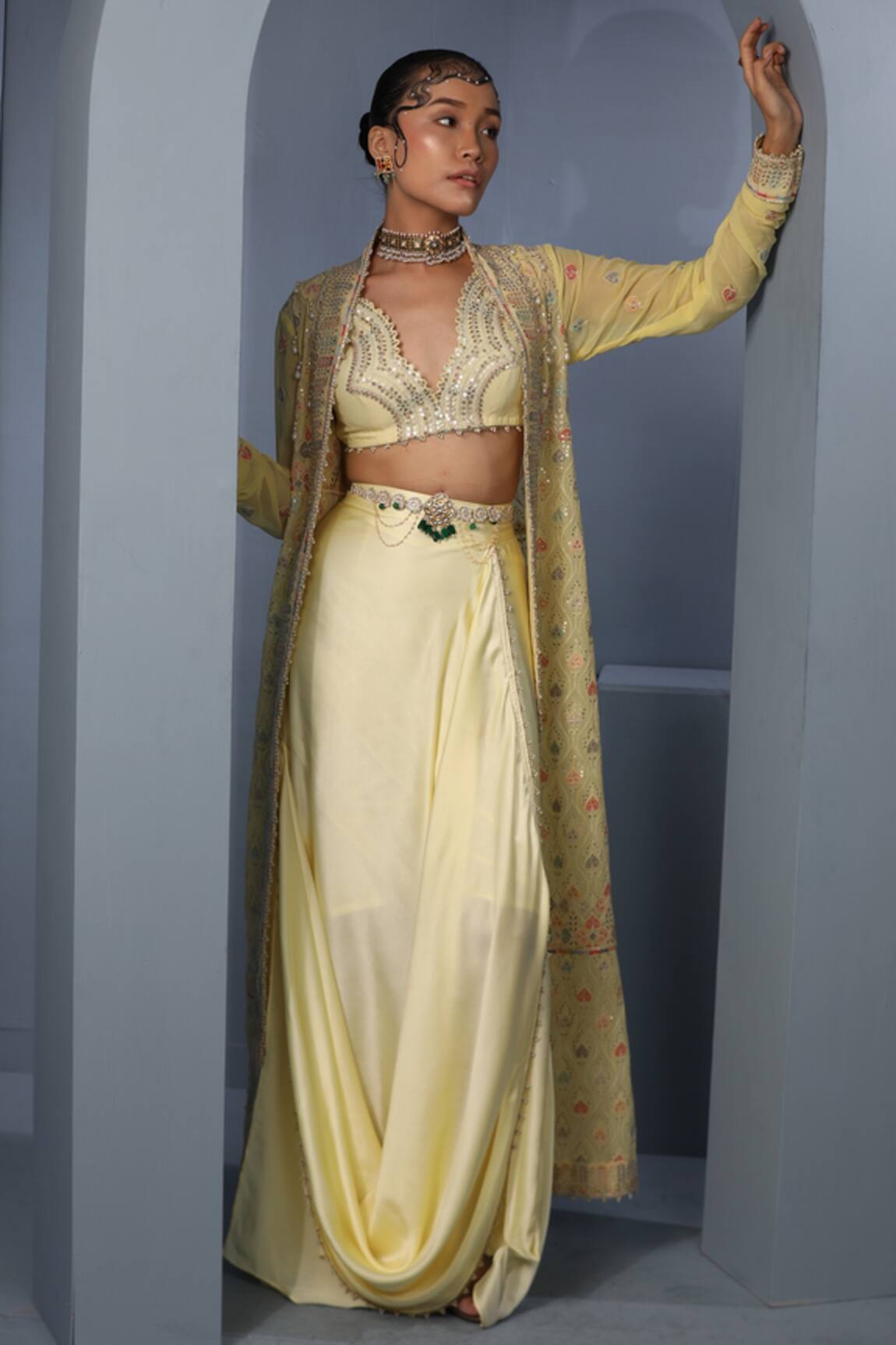 Aditi Gupta Draped Skirt Set With Embroidered Cape 