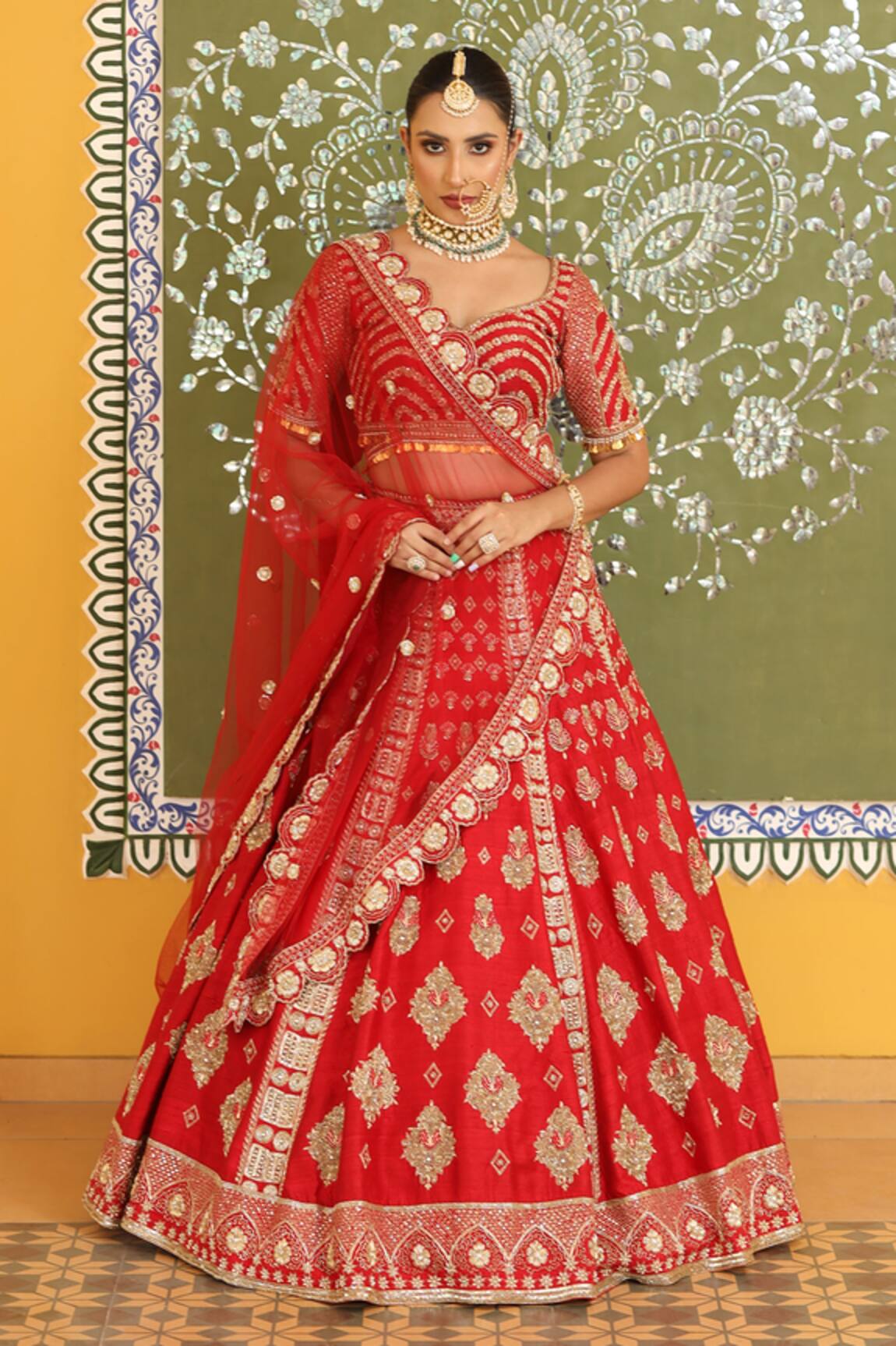 Amrin Khan Raw Silk Zardozi Embroidered Bridal Lehenga Set