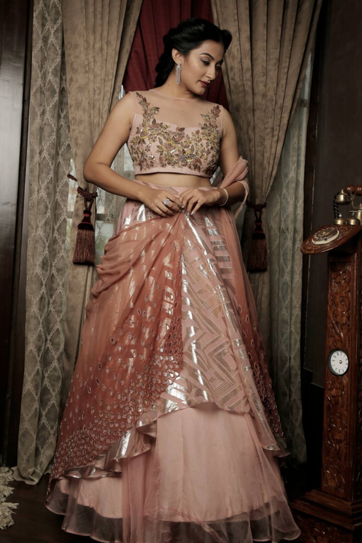 Amrin Khan Raw Silk Layered Lehenga Set 