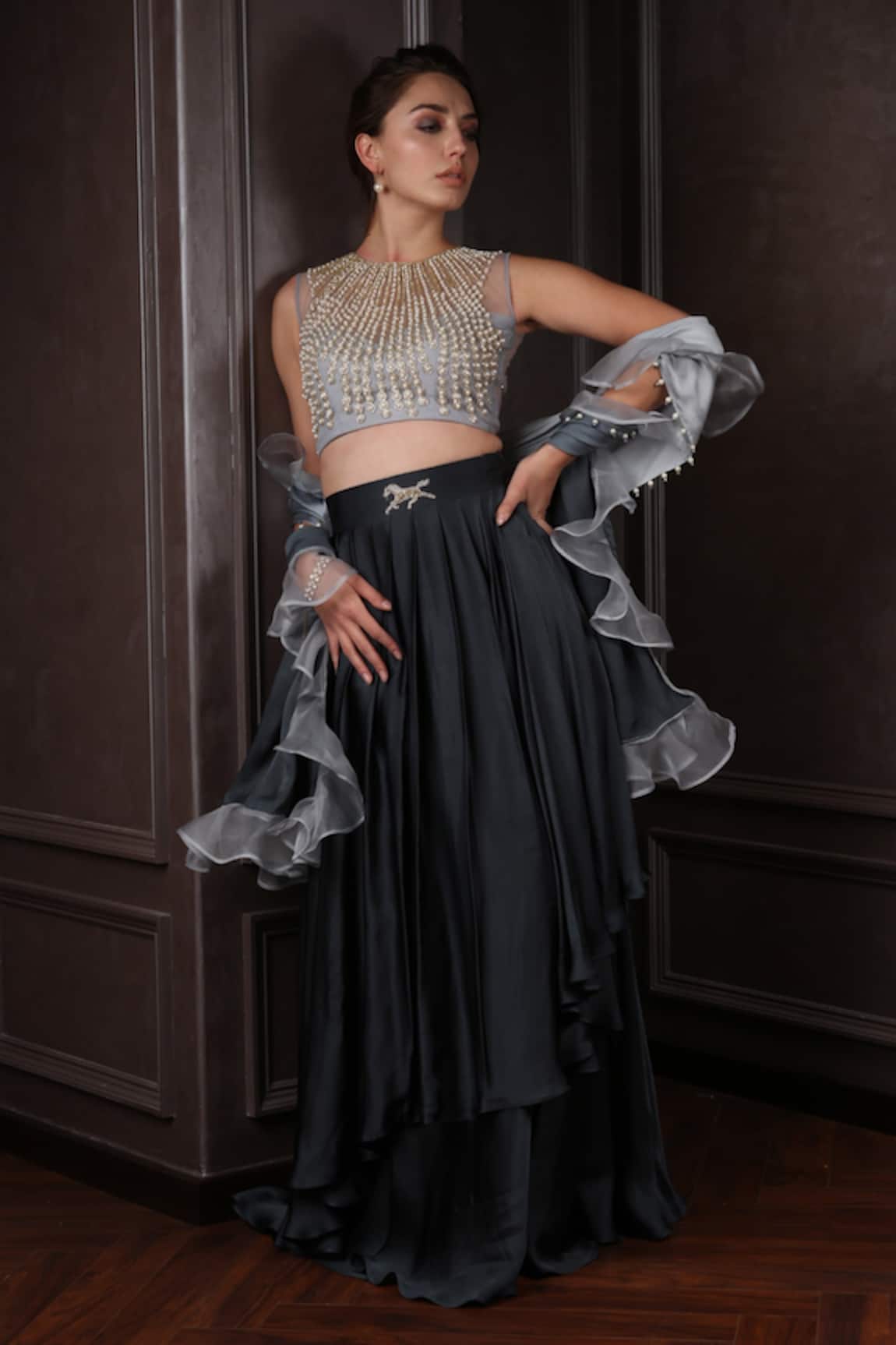 Amrin Khan Layered Lehenga Set With Ruffle Dupatta 