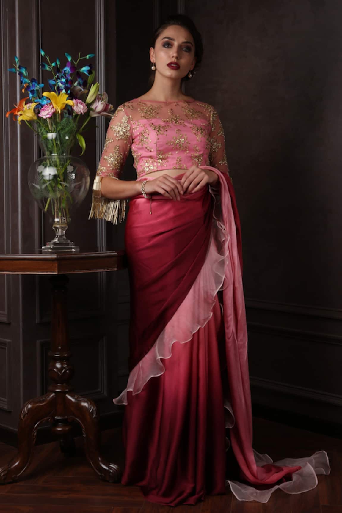 Amrin Khan Ombre Ruffle Saree With Blouse 