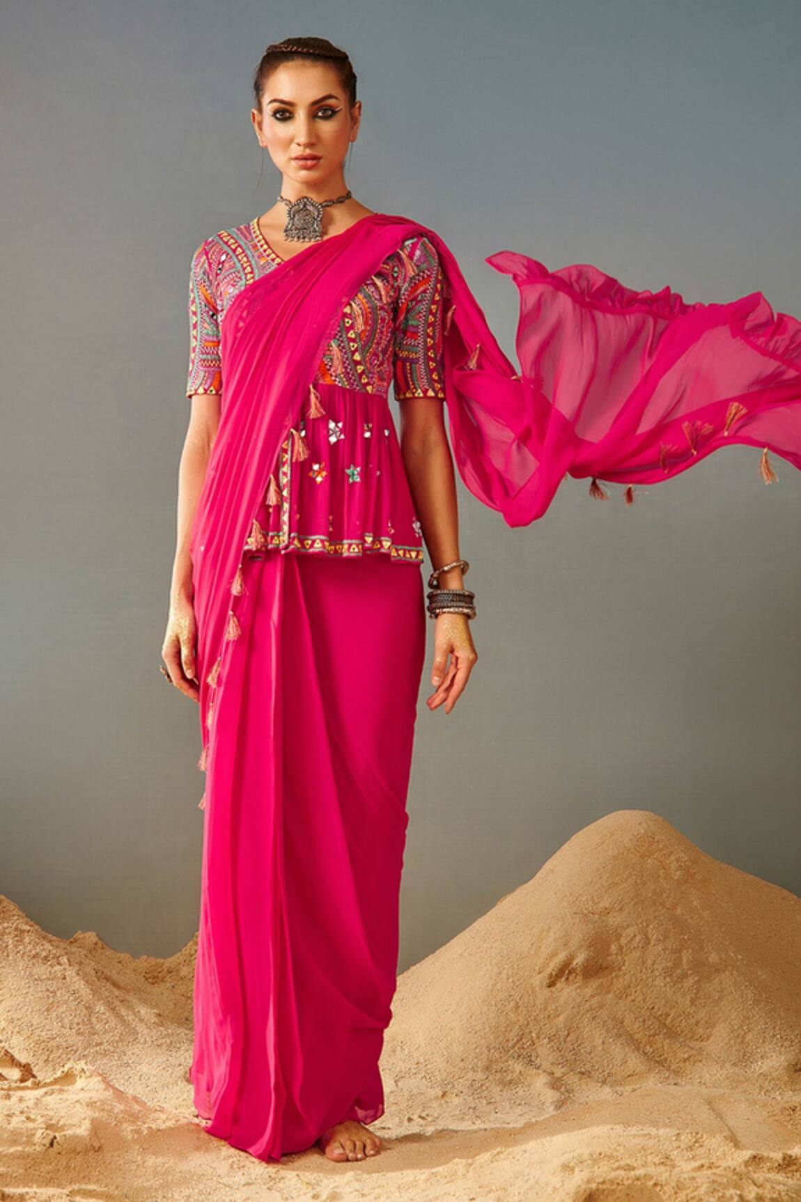 Samatvam by Anjali Bhaskar Pre-Draped Saree With Peplum Blouse