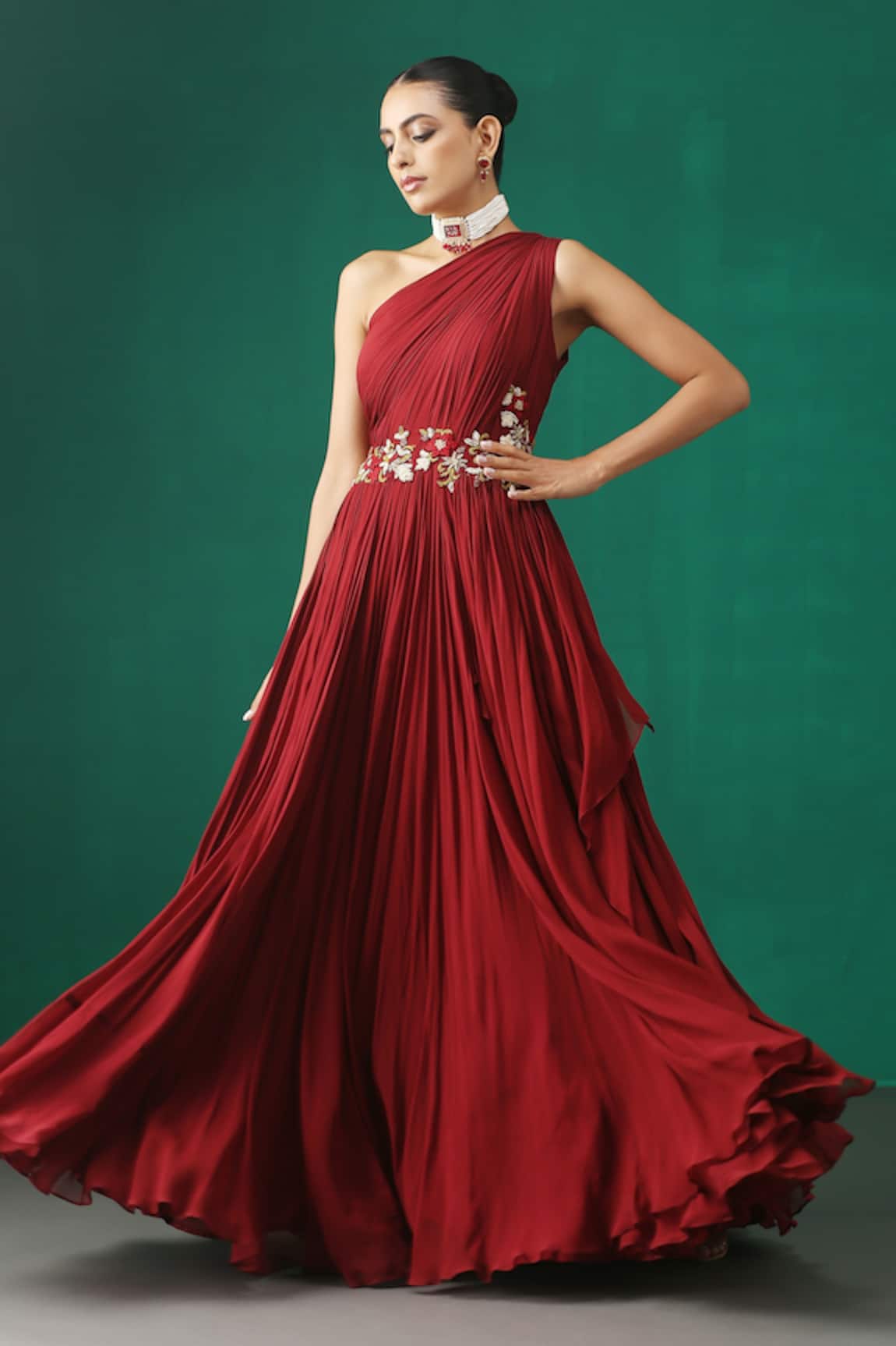 MINAKI One Shoulder Embroidered Layered Gown 